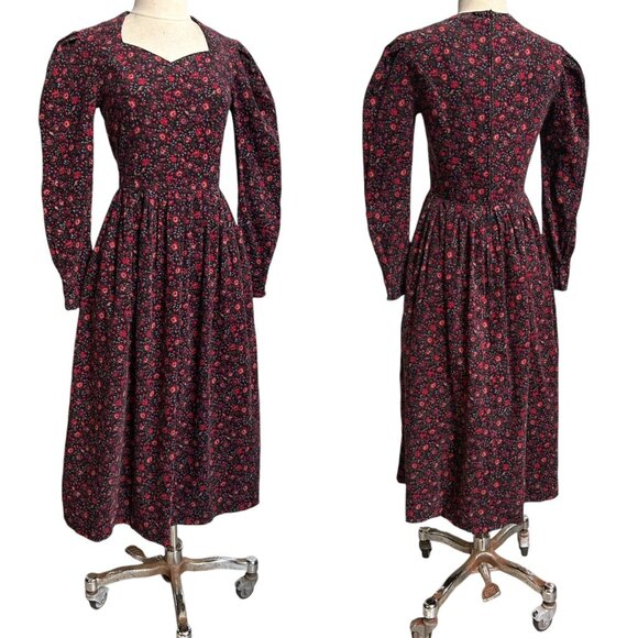 80s Vintage Laura Ashley Corduroy Dress Floral Cottage Preppy Puff Sleeve. - Picture 11 of 13